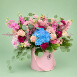 Pink and blue garden flowers