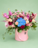 Pink and blue garden flowers